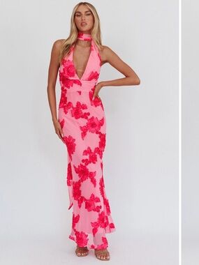 Pink Halter Floral Maxi Dress